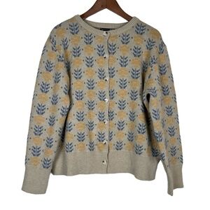 Dazy Cardigan Womens Size Large Blue Yellow Floral Knit Button Front Cozy Scandi